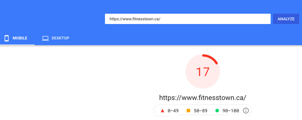 Old Fitness Town Website Mobile Performance