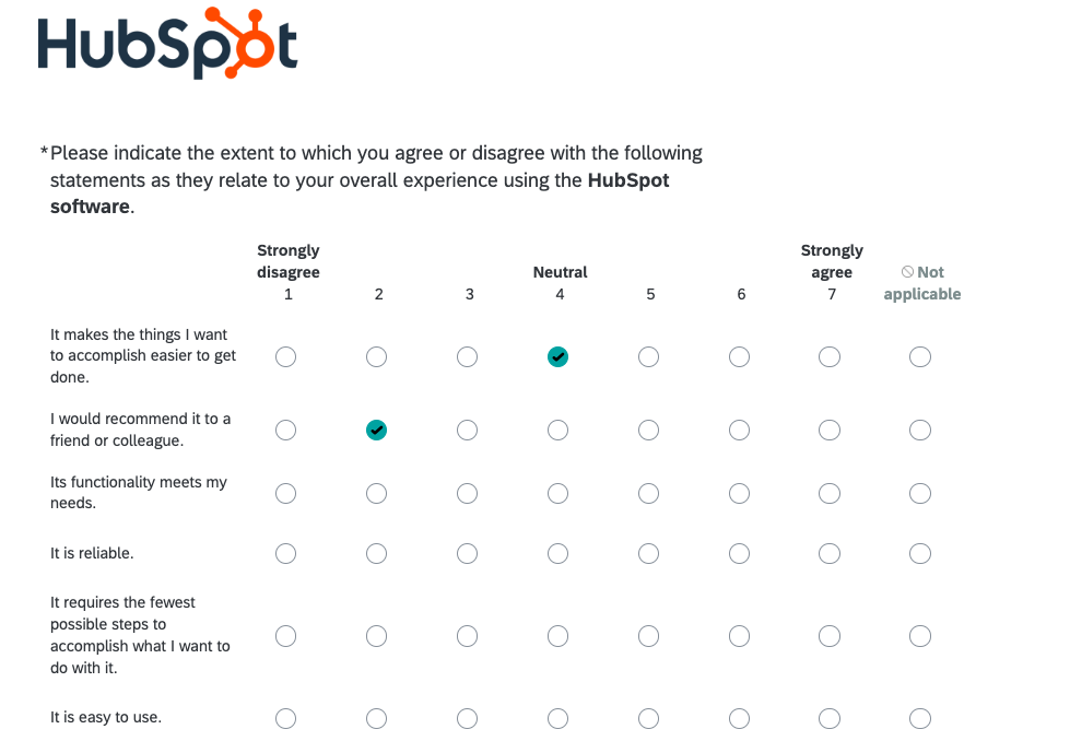 A screenshot showing a survey from HubSpot using a Likert scale. 