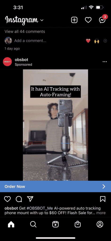 A screengarb of Obsbot Brand Awareness Campaign on Instagram
