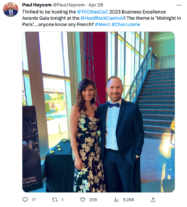 Social post with two guests at the Tri-Cities awards gala