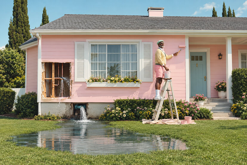 The REX Agency | A New Website Won’t Fix an Old Strategy - plumbing-blog (1) Painter on a ladder repainting a pink house while water leaks from its walls